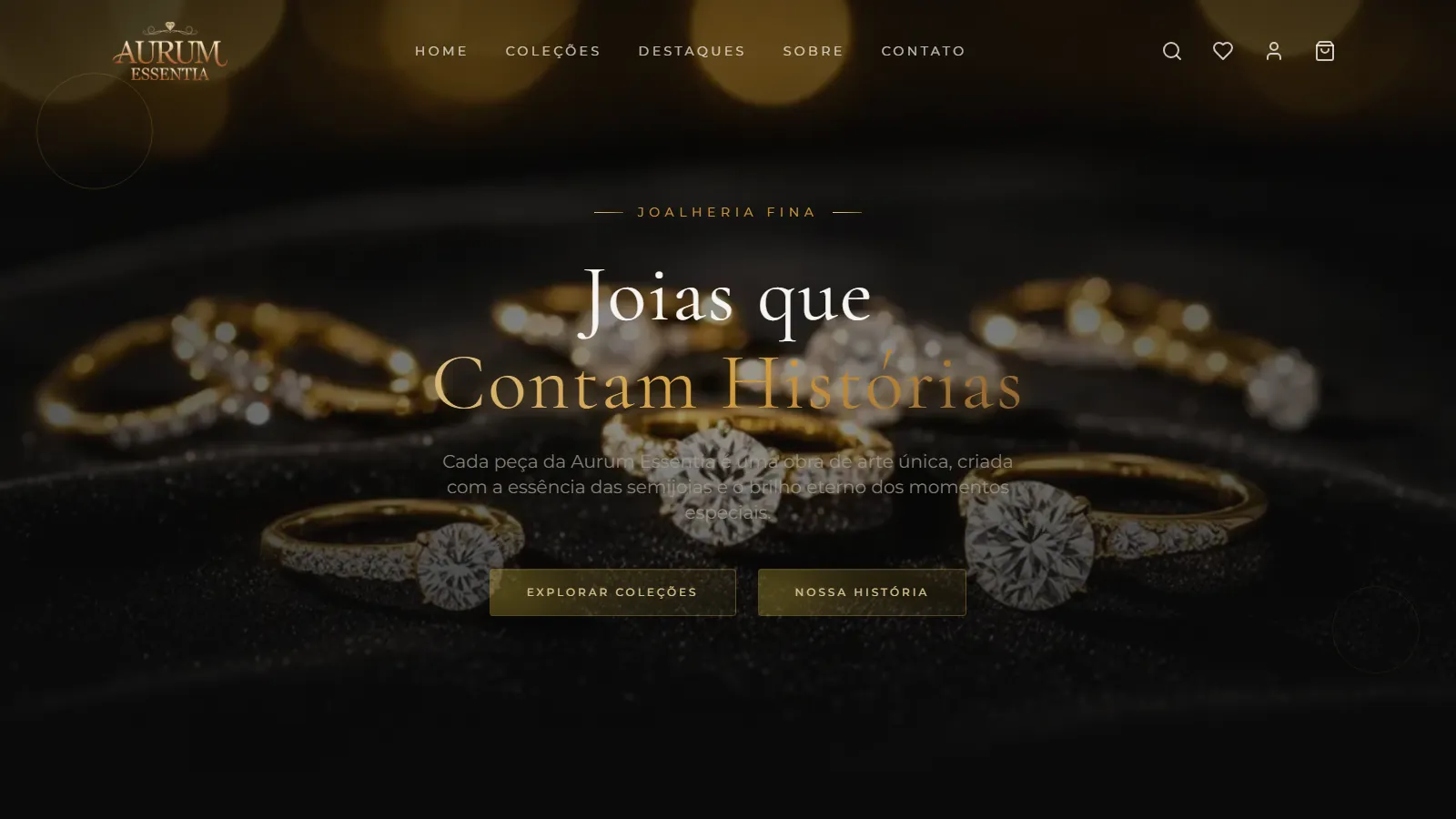 Página inicial da Aurum Essentia, com o título "Joias que contam histórias" sobre uma foto de anéis com pedras.
