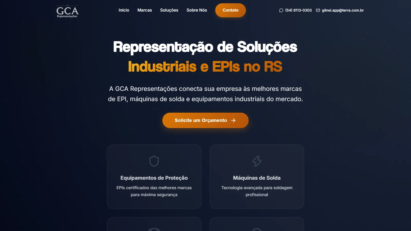 Página inicial da GCA Representações, com o título "Representação de soluções industriais e EPIs no RS" e quatro blocos de área de atuação.
