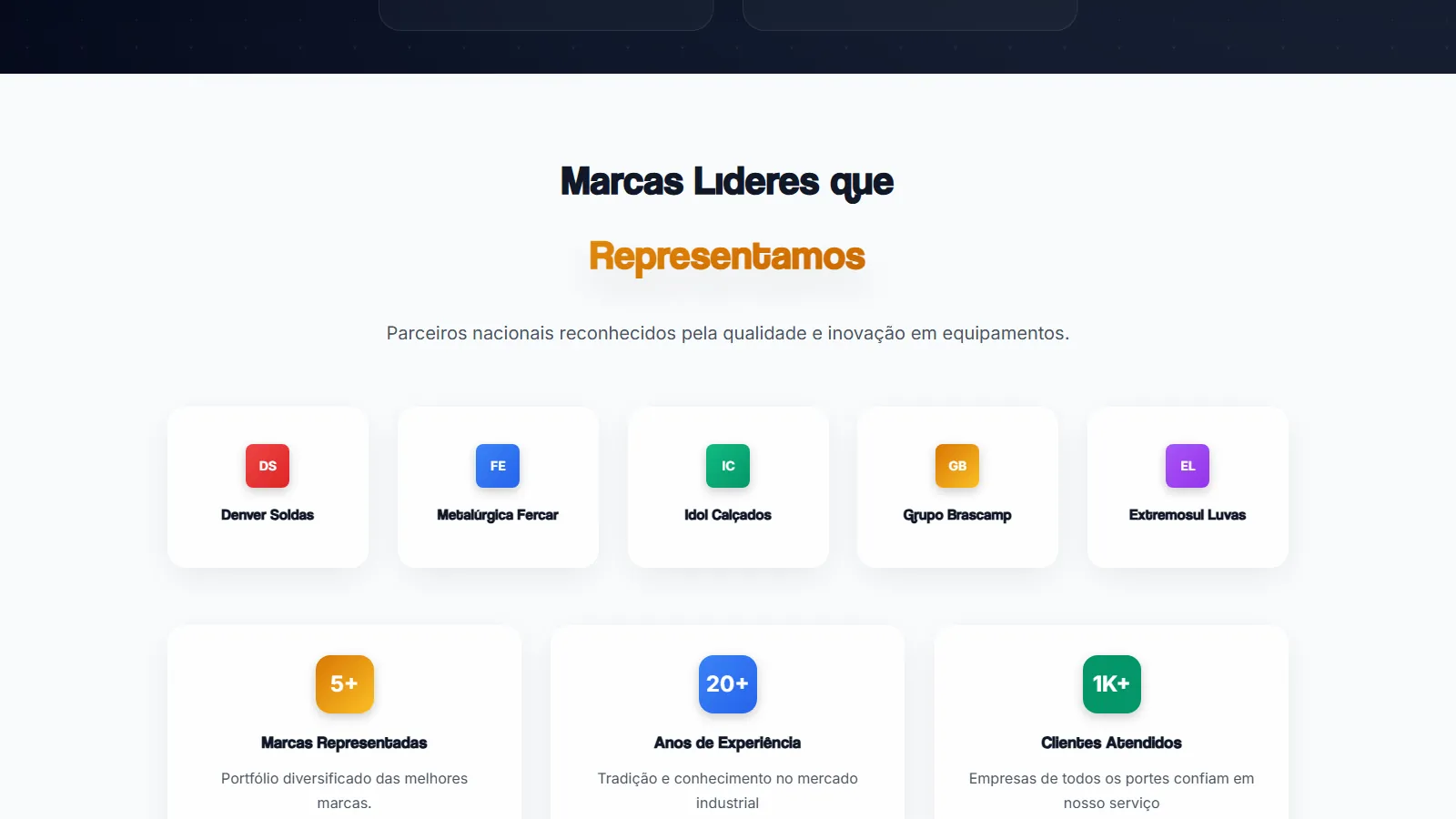 Seção com as marcas representadas pela empresa apresentadas em destaque.