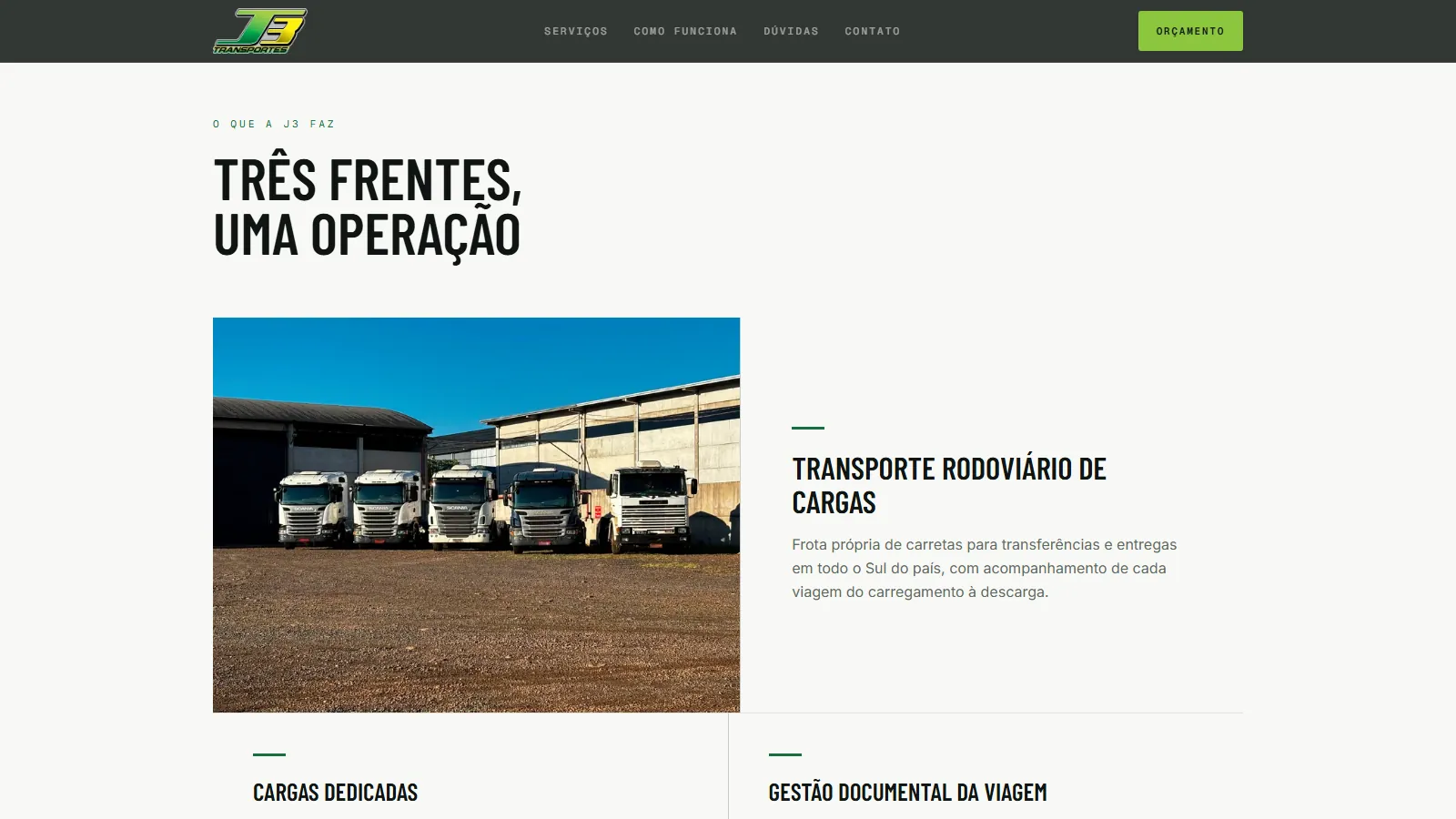 Seção de serviços com as três frentes de trabalho da transportadora descritas lado a lado.