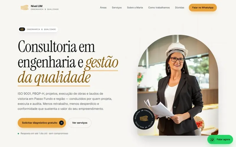 Abertura do site da Nível UM, consultoria em engenharia e gestão da qualidade.