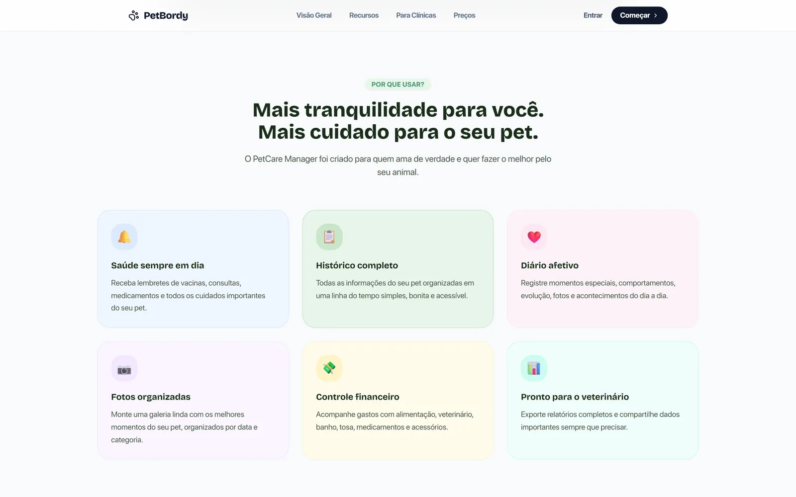 Seção de benefícios, com seis cartões coloridos cobrindo saúde, histórico, diário, fotos, controle financeiro e relatórios para o veterinário.
