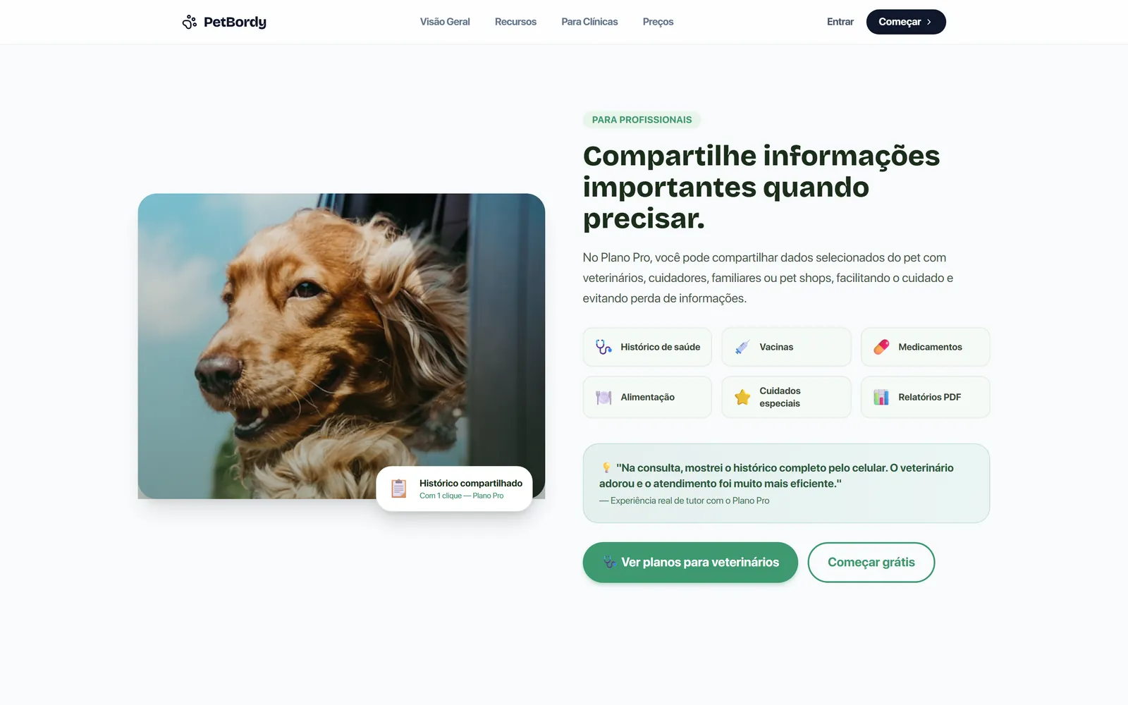 Seção para profissionais, explicando o compartilhamento de histórico de saúde, vacinas e medicamentos com o veterinário.