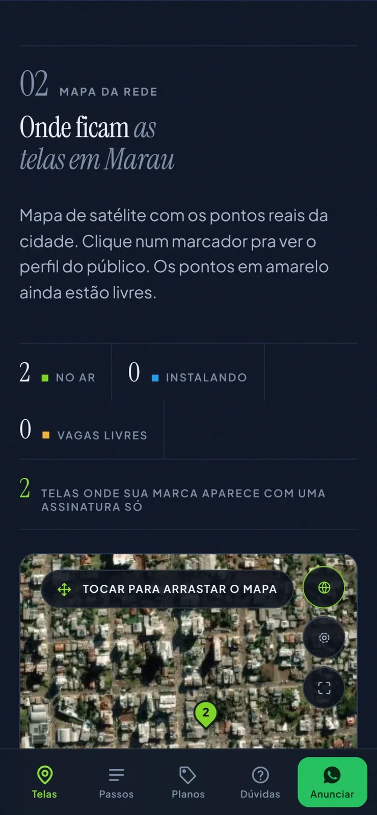 Seção do mapa da rede no celular, com a contagem de telas no ar e o mapa de satélite de Marau.