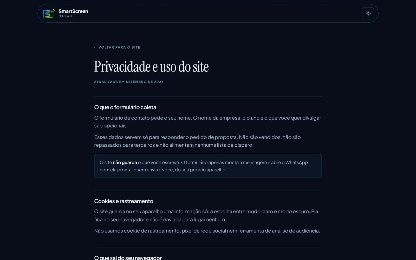Página de privacidade da SmartScreen explicando que o formulário não guarda nada e só abre o WhatsApp.